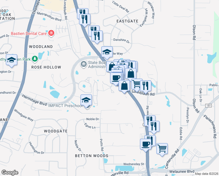 map of restaurants, bars, coffee shops, grocery stores, and more near 1900 North Point Boulevard in Tallahassee