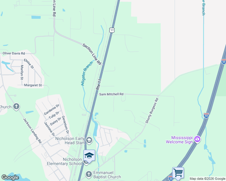 map of restaurants, bars, coffee shops, grocery stores, and more near 1-133 Sam Mitchell Road in Picayune