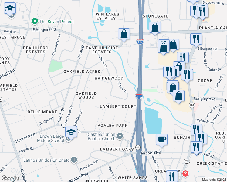 map of restaurants, bars, coffee shops, grocery stores, and more near 673 Shiloh Drive in Pensacola