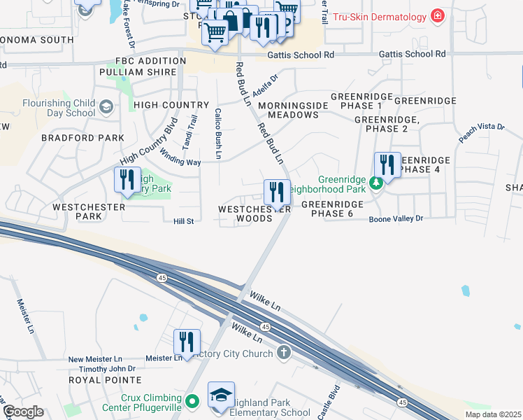 map of restaurants, bars, coffee shops, grocery stores, and more near 19600 North Heatherwilde Boulevard in Pflugerville