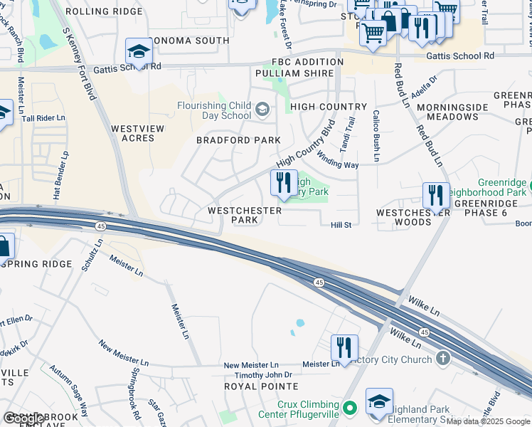 map of restaurants, bars, coffee shops, grocery stores, and more near 2821 Southampton Way in Round Rock