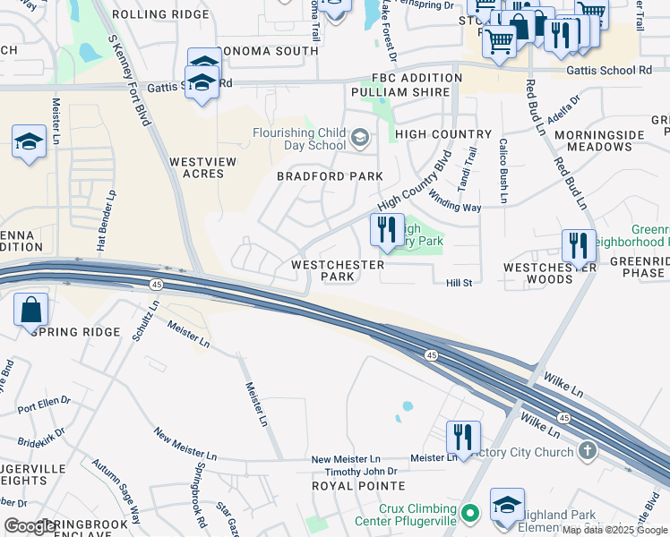 map of restaurants, bars, coffee shops, grocery stores, and more near 2705 Westhampton Court in Round Rock