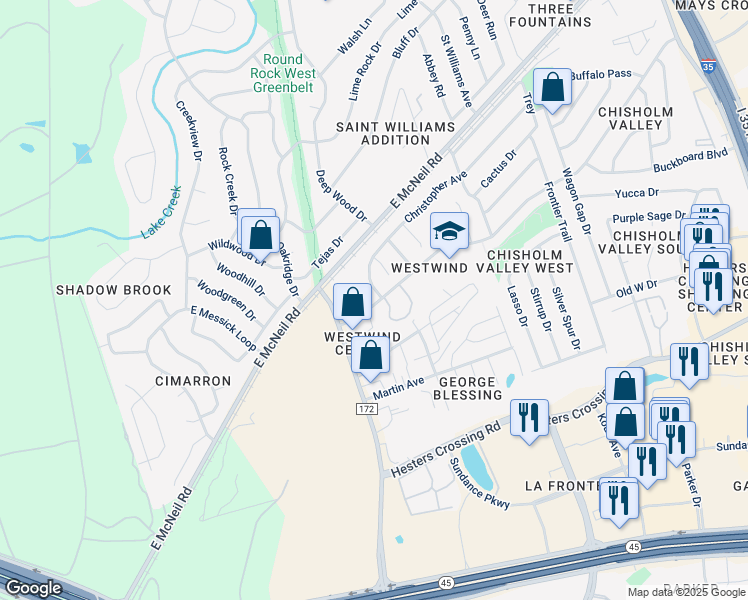 map of restaurants, bars, coffee shops, grocery stores, and more near 1310 Chisholm Valley Drive in Round Rock