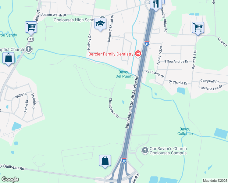 map of restaurants, bars, coffee shops, grocery stores, and more near 270 Champagne Drive in Opelousas