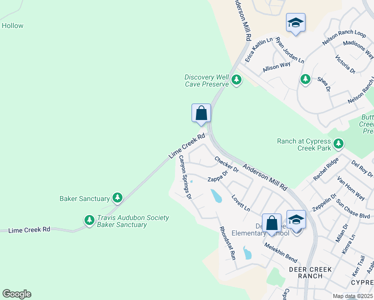 map of restaurants, bars, coffee shops, grocery stores, and more near 701 Canyon Springs Drive in Cedar Park