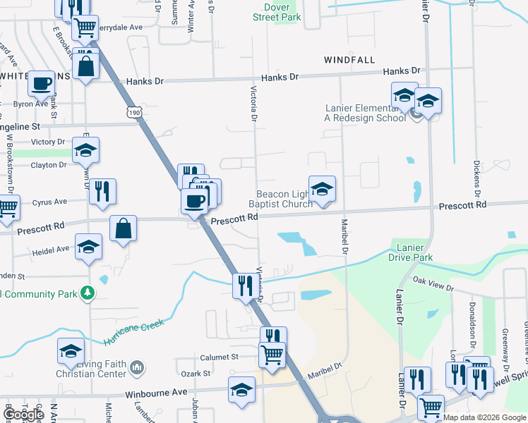 map of restaurants, bars, coffee shops, grocery stores, and more near 4108 Victoria Dr in Baton Rouge