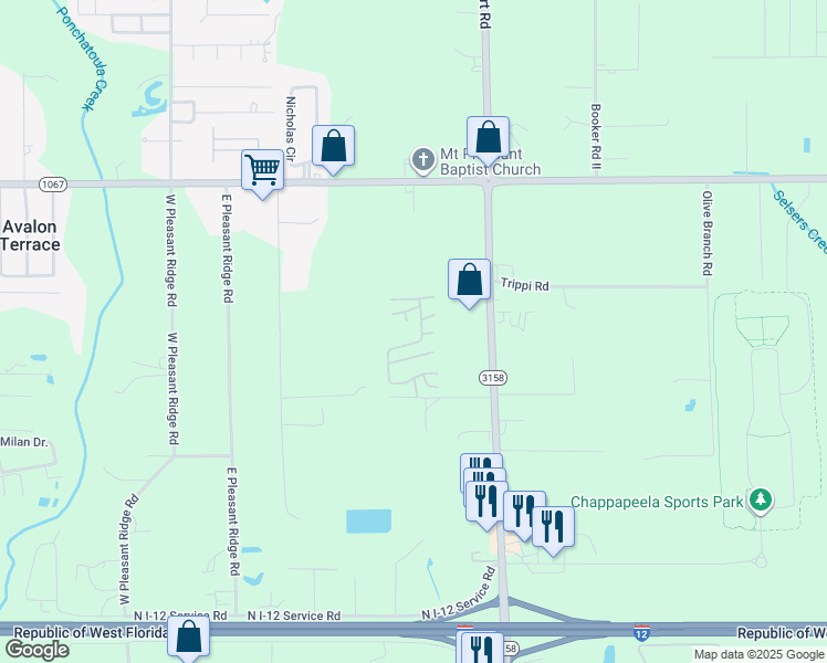map of restaurants, bars, coffee shops, grocery stores, and more near Melissa Lane in Hammond