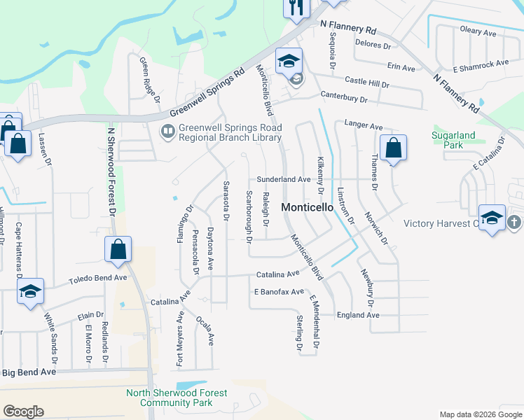 map of restaurants, bars, coffee shops, grocery stores, and more near 4123 Raleigh Drive in Baton Rouge