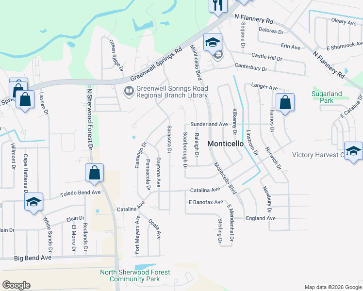 map of restaurants, bars, coffee shops, grocery stores, and more near 4129 Scarborough Drive in Baton Rouge