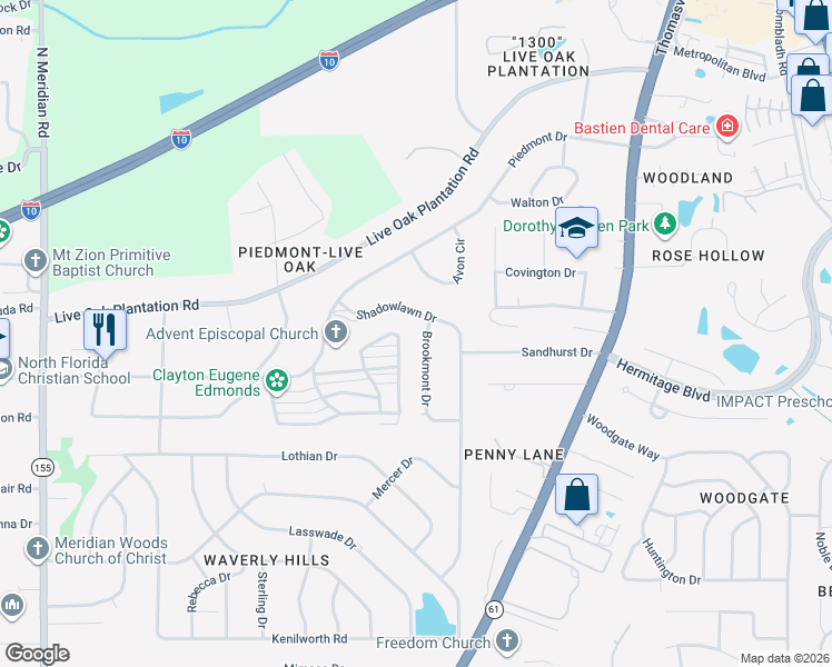 map of restaurants, bars, coffee shops, grocery stores, and more near 3024 Brookmont Drive in Tallahassee