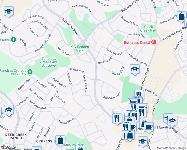 map of restaurants, bars, coffee shops, grocery stores, and more near 1251 South Lakeline Boulevard in Cedar Park