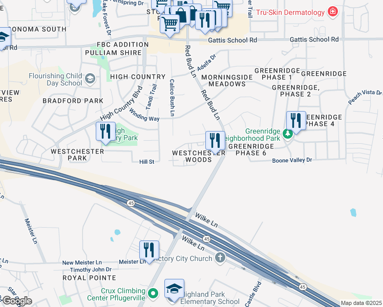 map of restaurants, bars, coffee shops, grocery stores, and more near 19600 North Heatherwilde Boulevard in Pflugerville
