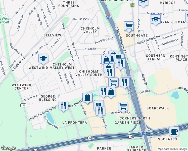 map of restaurants, bars, coffee shops, grocery stores, and more near 509 Old West Drive in Round Rock