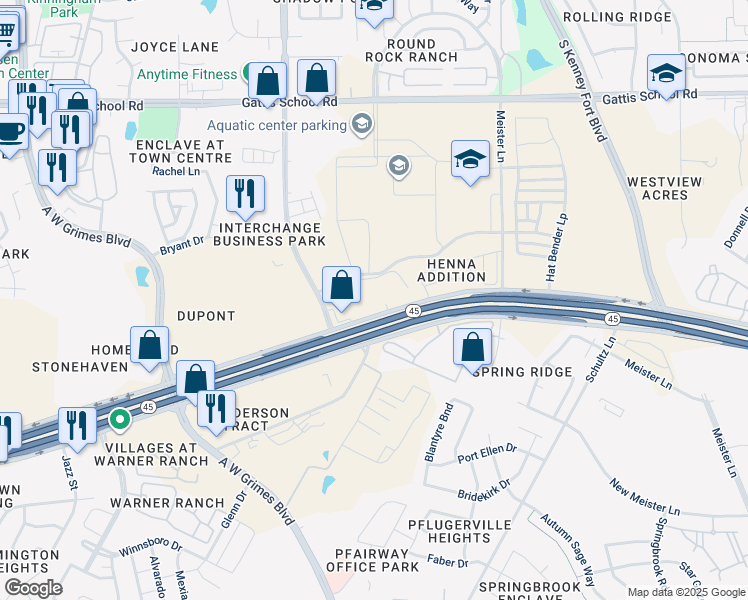 map of restaurants, bars, coffee shops, grocery stores, and more near 2300 Louis Henna Boulevard in Round Rock