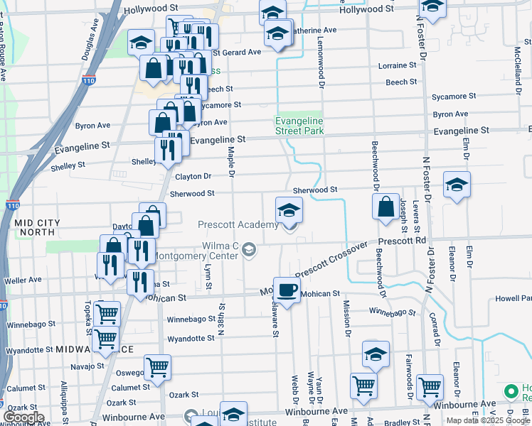 map of restaurants, bars, coffee shops, grocery stores, and more near 4272 Delaware Street in Baton Rouge