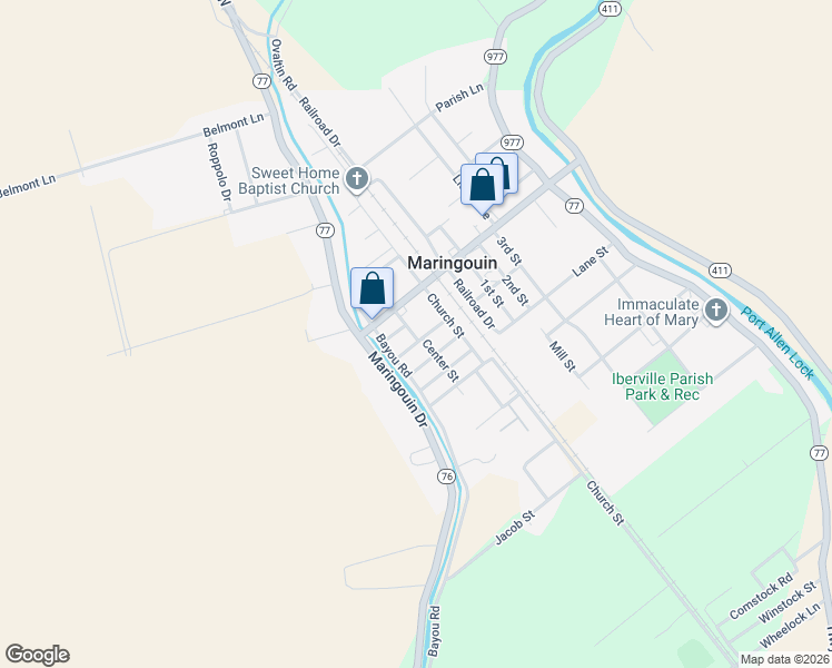 map of restaurants, bars, coffee shops, grocery stores, and more near 10655 Center Street in Maringouin