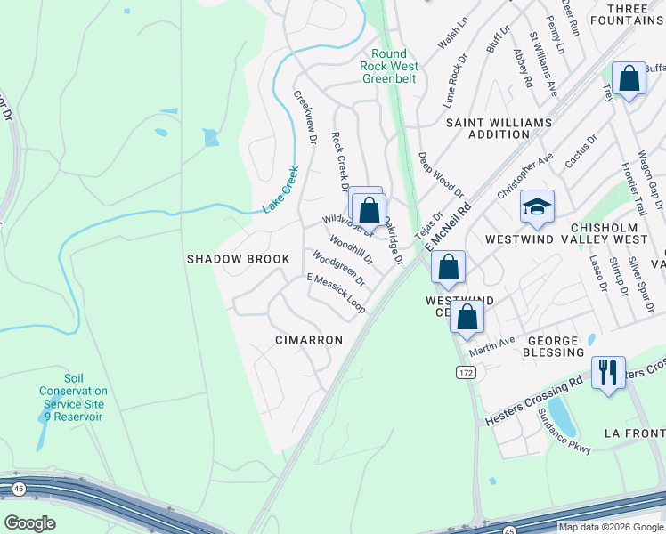map of restaurants, bars, coffee shops, grocery stores, and more near 1615 Woodgreen Drive in Round Rock