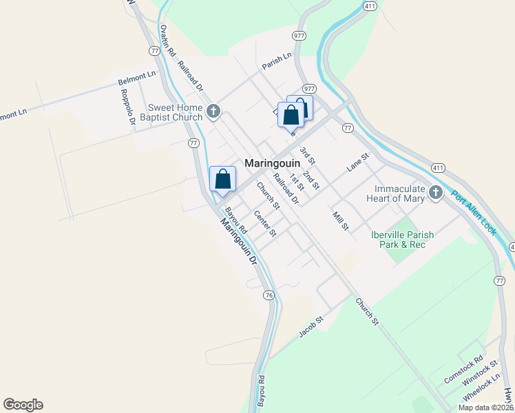 map of restaurants, bars, coffee shops, grocery stores, and more near 10655 Center Street in Maringouin