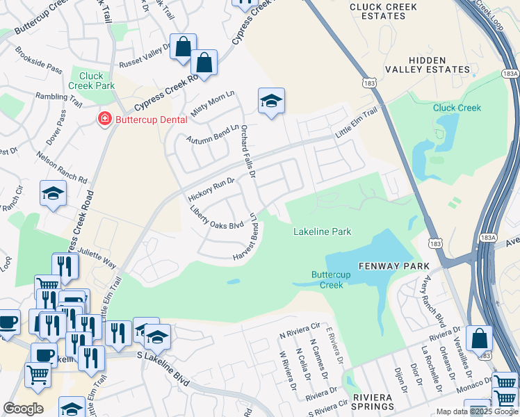 map of restaurants, bars, coffee shops, grocery stores, and more near 1601 Avondale Drive in Cedar Park