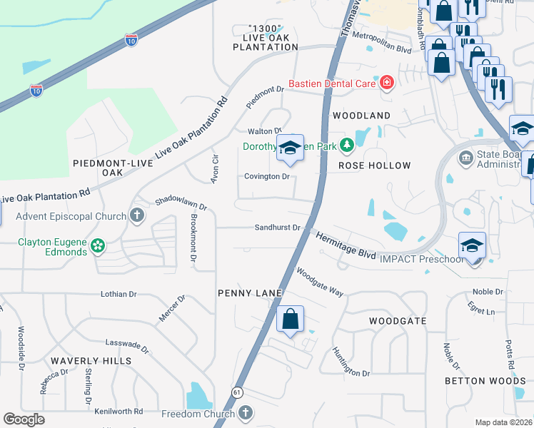 map of restaurants, bars, coffee shops, grocery stores, and more near 1261 Myrtle View Drive in Tallahassee