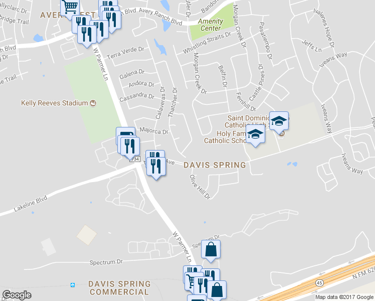 map of restaurants, bars, coffee shops, grocery stores, and more near 14805 Cordero Drive in Austin