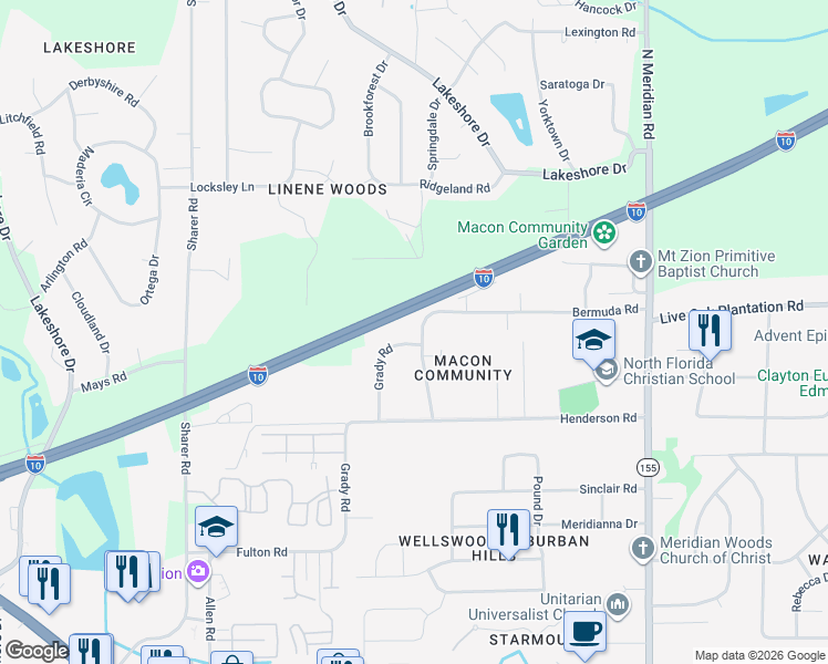map of restaurants, bars, coffee shops, grocery stores, and more near 3070 Grady Road in Tallahassee