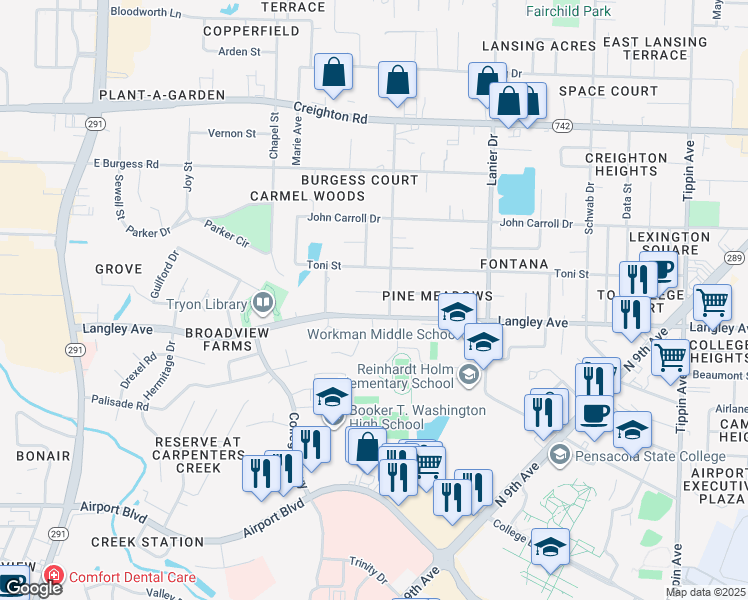 map of restaurants, bars, coffee shops, grocery stores, and more near 1445 Bakalane Court in Pensacola