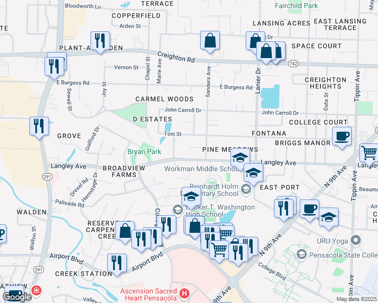 map of restaurants, bars, coffee shops, grocery stores, and more near 1355 Bakalane Court in Pensacola