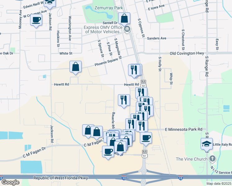 map of restaurants, bars, coffee shops, grocery stores, and more near 1342 South Magnolia Street in Hammond