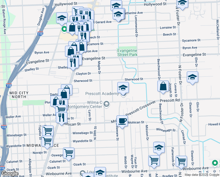map of restaurants, bars, coffee shops, grocery stores, and more near 4272 Delaware Street in Baton Rouge
