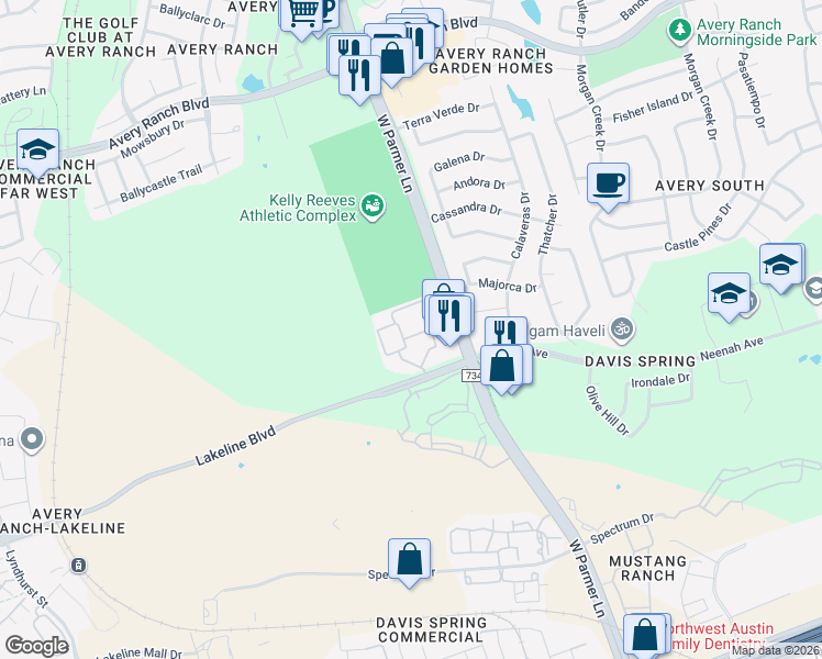 map of restaurants, bars, coffee shops, grocery stores, and more near 10101 West Parmer Lane in Austin