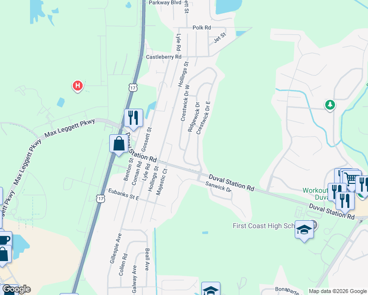 map of restaurants, bars, coffee shops, grocery stores, and more near 13931 Crestwick Drive West in Jacksonville