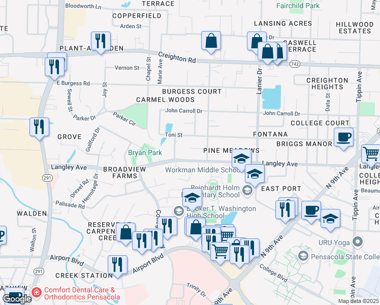 map of restaurants, bars, coffee shops, grocery stores, and more near 1375 Bakalane Court in Pensacola