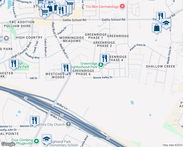 map of restaurants, bars, coffee shops, grocery stores, and more near 19613 Cheyenne Valley Drive in Round Rock