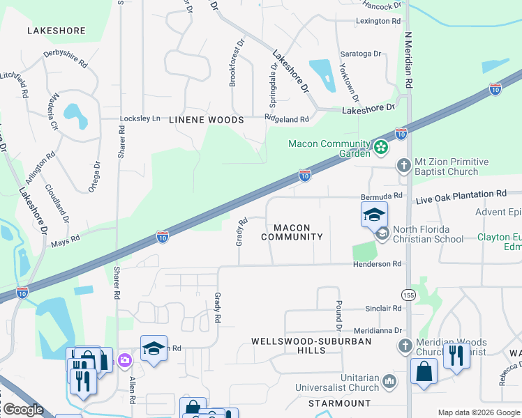 map of restaurants, bars, coffee shops, grocery stores, and more near 3070 Grady Road in Tallahassee
