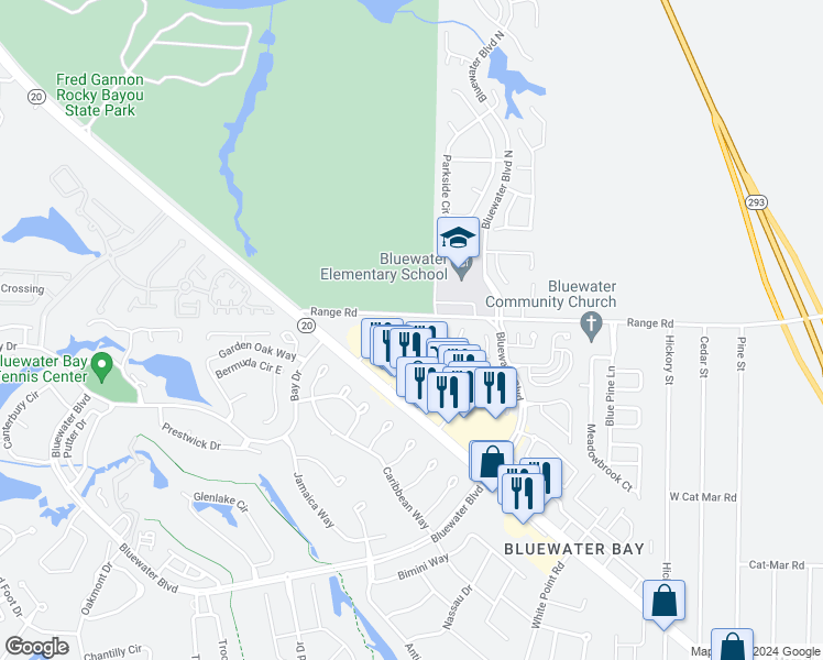 map of restaurants, bars, coffee shops, grocery stores, and more near 4493 Parkwood Lane in Niceville