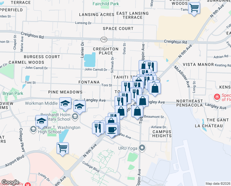 map of restaurants, bars, coffee shops, grocery stores, and more near 6315 Schwab Drive in Pensacola
