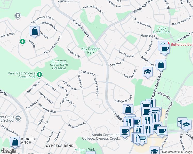 map of restaurants, bars, coffee shops, grocery stores, and more near 1508 Colton Way in Cedar Park