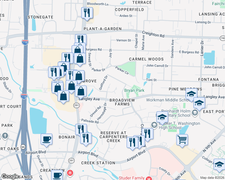 map of restaurants, bars, coffee shops, grocery stores, and more near 1020 Farmington Road in Pensacola