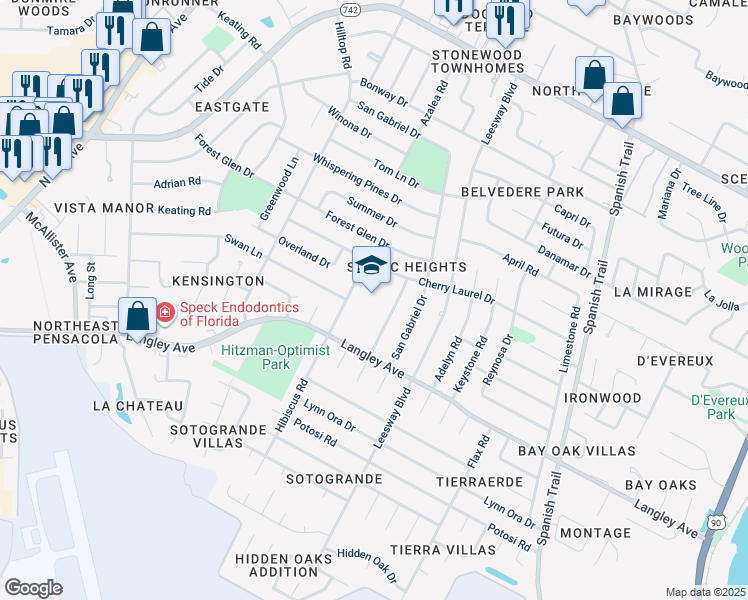 map of restaurants, bars, coffee shops, grocery stores, and more near 3801 Cherry Laurel Drive in Pensacola