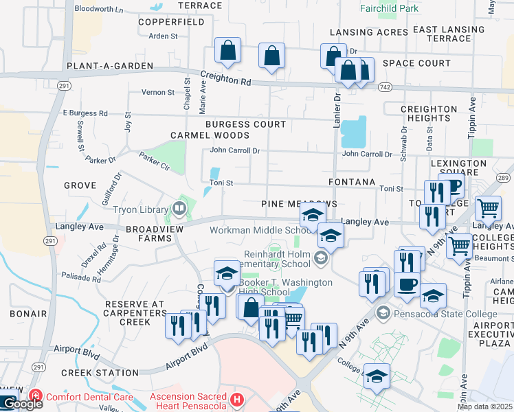 map of restaurants, bars, coffee shops, grocery stores, and more near 1445 Bakalane Court in Pensacola