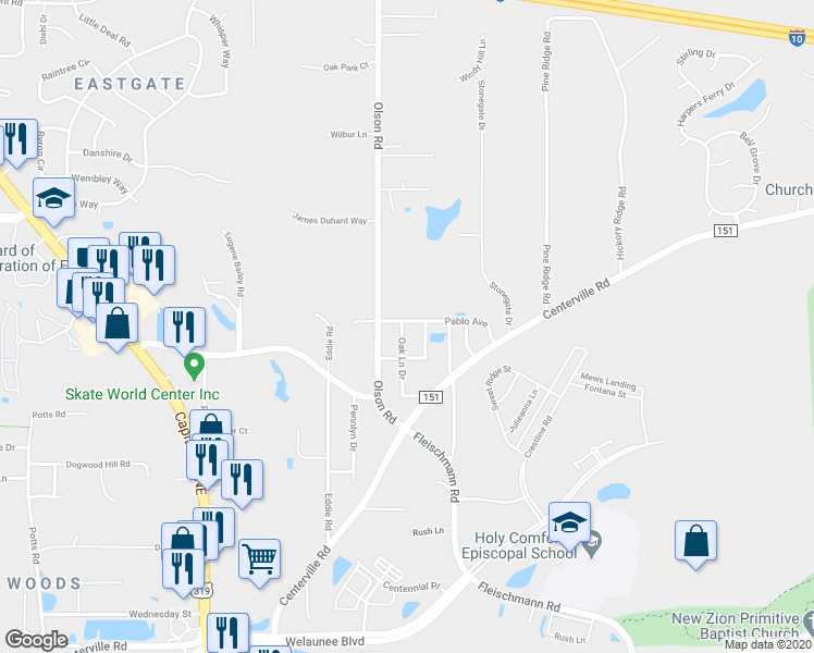 map of restaurants, bars, coffee shops, grocery stores, and more near 2793 Oak Lane Drive in Tallahassee