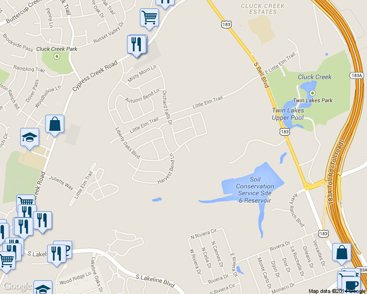 map of restaurants, bars, coffee shops, grocery stores, and more near 1601 Avondale Drive in Cedar Park