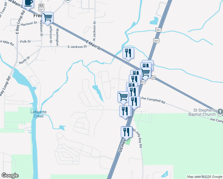 map of restaurants, bars, coffee shops, grocery stores, and more near 18 Sandywoods Court in Freeport