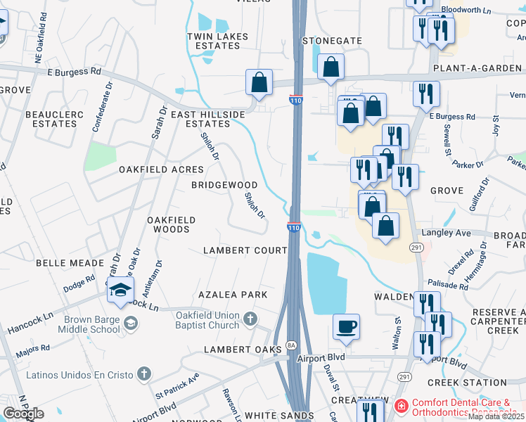 map of restaurants, bars, coffee shops, grocery stores, and more near 546 Shiloh Drive in Pensacola
