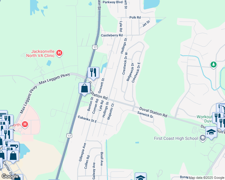 map of restaurants, bars, coffee shops, grocery stores, and more near 13939 Hollings Street in Jacksonville