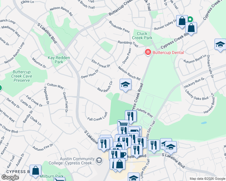 map of restaurants, bars, coffee shops, grocery stores, and more near 1304 Rattling Horn Cove in Cedar Park