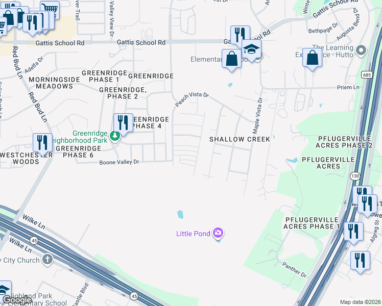 map of restaurants, bars, coffee shops, grocery stores, and more near 714 Coconut Grove Street in Pflugerville