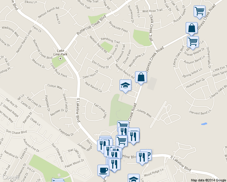 map of restaurants, bars, coffee shops, grocery stores, and more near 1304 Rattling Horn Cove in Cedar Park