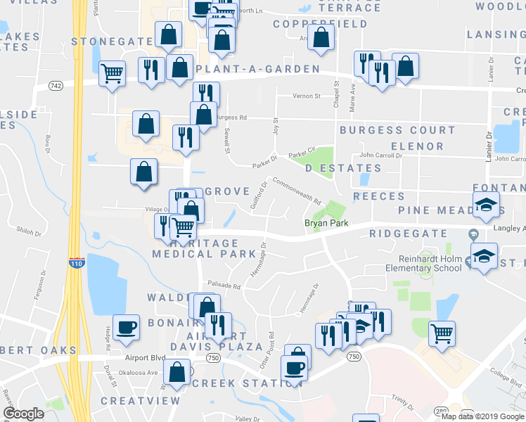 map of restaurants, bars, coffee shops, grocery stores, and more near 6405 Hermitage Drive in Pensacola